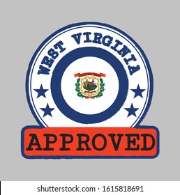 Vector Stamp of Approved logo with West Virginia flag in the round shape on the center. The state of America.