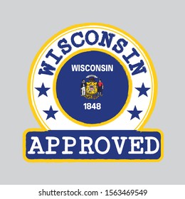 Vector Stamp of Approved logo with Wisconsin Flag in the round shape on the center. The states of America. Grunge Rubber Texture Stamp of Approved from Wisconsin.