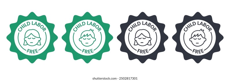 Vector stamp child labor free. World day against child labor icons with text. Boy and girl symbols. Wavy thin black and green solid set elements on white background.