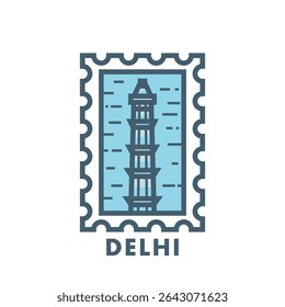Vector stamp of Delhi, India minar, tower, landmark, city symbol. Thin line pictogram, skyline emblem, logo, icon graphic. Flat, blue, cool