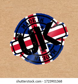 Vektormarke mit Flagge des Vereinigten Königreichs. Briefing Made in UK