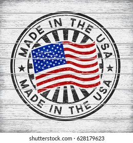 Vector stamp with flag of The USA, circular lettering made in the USA on wooden background