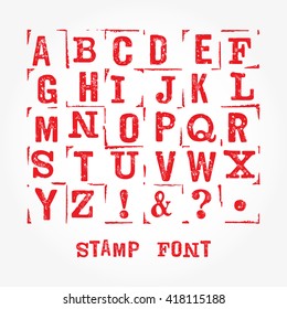 Vector Stamp Font With Grunge Texture. Vector Isolated Grunge Stamp Font On White Background. Modern Print Letters With Stamp Texture. Grunge Stamp Font. Retro Textured Grunge Alphabet With Scratches.