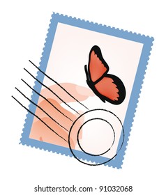 Vector stamp with hand and butterfly isolation over white background