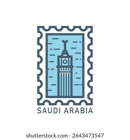 Vector stamp of Makkah, Saudi Arabia tower, landmark, city symbol. Thin line pictogram, skyline emblem, logo, icon graphic. Flat, blue, cool