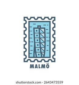 Vector stamp of Malmo, Sweden skyscraper, tower, landmark, city symbol. Thin line pictogram, skyline emblem, logo, icon graphic. Flat, blue, cool