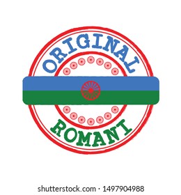 Vector Stamp of Original logo with text Romani and Tying in the middle with Romani people flag. Grunge Rubber Texture Stamp of Original Romani people.