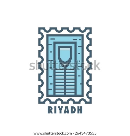 Vector stamp of Riyadh, Saudi Arabia skyscraper, tower, landmark, city symbol. Thin line pictogram, skyline emblem, logo, icon graphic. Flat, blue, cool