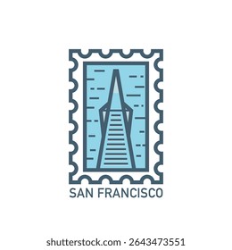 Carimbo vetorial do arranha-céu, torre, marco, símbolo da cidade de São Francisco, EUA, estado da Califórnia. Pictograma de linha fina, emblema do horizonte, logotipo, gráfico de ícone. Plano, azul, fresco