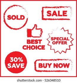 Vector stamp set. Sold out and promo. Buy now sign vector