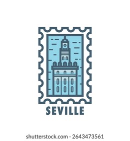 Carimbo vetorial de Sevilha, torre espanhola, marco, símbolo da cidade. Pictograma de linha fina, emblema do horizonte, logotipo, gráfico de ícone. Plano, azul, fresco