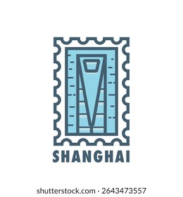 Vector stamp of Shanghai, China skyscraper, tower, landmark, city symbol. Thin line pictogram, skyline emblem, logo, icon graphic. Flat, blue, cool