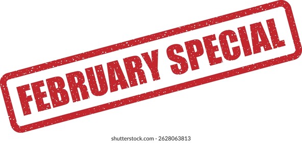 Vector stamp with text “FEBRUARY SPECIAL” highlighting exclusive Valentine’s bundles, limited-time packages, and love-themed offers
