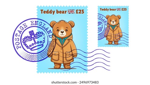 Sello de Vector de la oficina de correos del Reino Unido con un lindo tipo de dibujos animados hermoso oso de peluche de pie en la chaqueta. Valor postal 25 libras. Sello púrpura de Inglaterra. Fondo blanco aislado.