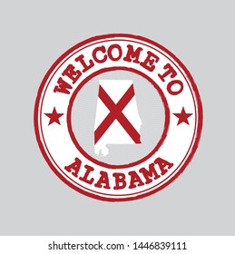 Vector Stamp of welcome to Alabama with states flag on map outline in the center. Grunge Rubber Texture Stamp of welcome to Alabama.
