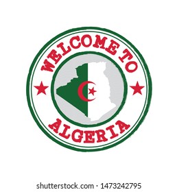 Vector stamp of welcome to Algeria with map outline of the nation in center. Grunge Rubber Texture Stamp of welcome to Algeria.