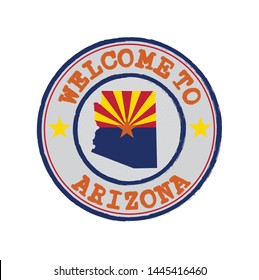 Vector Stamp of welcome to Arizona with states flag on map outline in the center. Grunge Rubber Texture Stamp of welcome to Arizona.