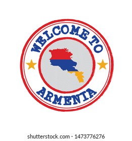 Vector stamp of welcome to Armenia with map outline of the nation in center. Grunge Rubber Texture Stamp of welcome to Armenia.