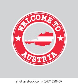 Vector stamp of welcome to Austria with map outline of the nation in center. Grunge Rubber Texture Stamp of welcome to Austria.
