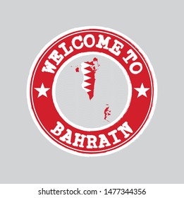Vector stamp of welcome to Bahrain with map outline of the nation in center. Grunge Rubber Texture Stamp of welcome to Bahrain.