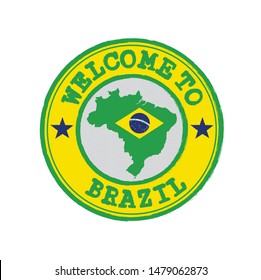 Vector stamp of welcome to Brazil with map outline of the nation in center. Grunge Rubber Texture Stamp of welcome to Brazil.