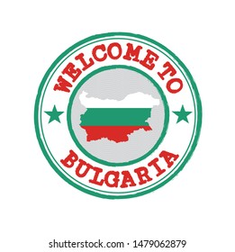 Vector stamp of welcome to Bulgaria with map outline of the nation in center. Grunge Rubber Texture Stamp of welcome to Bulgaria.