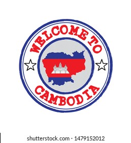 Vector stamp of welcome to Cambodia with map outline of the nation in center. Grunge Rubber Texture Stamp of welcome to Cambodia.