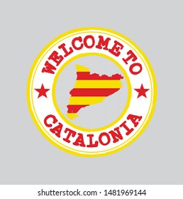 Vector stamp of welcome to Catalonia with map outline of the Catalunya in center. Grunge Rubber Texture Stamp of welcome to Catalonia.