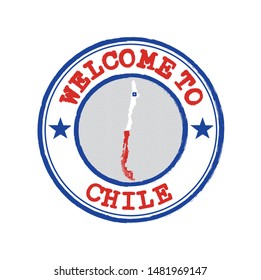 Vector stamp of welcome to Chile with map outline of the nation in center. Grunge Rubber Texture Stamp of welcome to Chile.