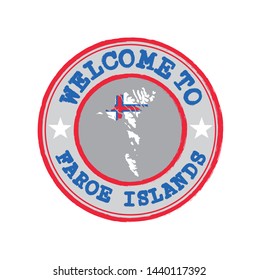 Vector Stamp of welcome to Faroe Islands with nation flag on map outline in the center. Grunge Rubber Texture Stamp of welcome to Faroe Islands.
