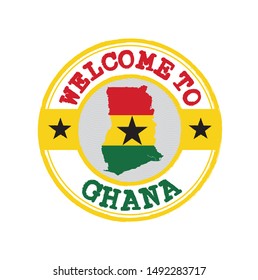 Vector stamp of welcome to Ghana with map outline of the nation in center. Grunge Rubber Texture Stamp of welcome to Ghana.