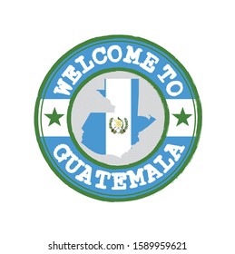 Vector stamp of welcome to Guatemala with map outline of the country in center, blue and white color with the national Emblem centered on white.