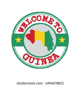 Vector stamp of welcome to Guinea with map outline of the nation in center. Grunge Rubber Texture Stamp of welcome to Guinea.