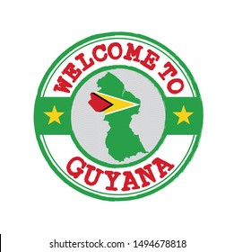 Vector stamp of welcome to Guyana with map outline of the nation in center. Grunge Rubber Texture Stamp of welcome to Guyana.