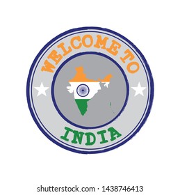 Vector Stamp of welcome to India with nation flag on map outline in the center. Grunge Rubber Texture Stamp of welcome to India.