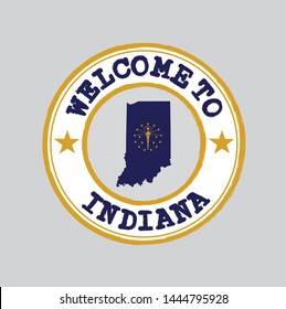 Vector Stamp of welcome to Indiana with states flag on map outline in the center. Grunge Rubber Texture Stamp of welcome to Indiana.