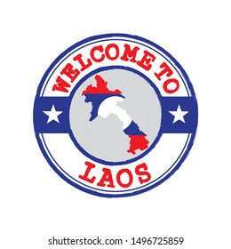 Vector stamp of welcome to Laos with map outline of the nation in center. Grunge Rubber Texture Stamp of welcome to Laos.