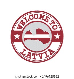 Vector stamp of welcome to Latvia with map outline of the nation in center. Grunge Rubber Texture Stamp of welcome to Latvia.