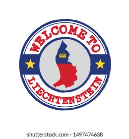 Vector stamp of welcome to Liechtenstein with map outline of the nation in center. Grunge Rubber Texture Stamp of welcome to Liechtenstein.