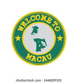 Vector Stamp of welcome to Macau with Macao flag on map outline in the center. Grunge Rubber Texture Stamp of welcome to Macau.