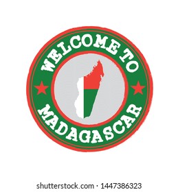 Vector Stamp of welcome to Madagascar with nation flag on map outline in the center. Grunge Rubber Texture Stamp of welcome to Madagascar.