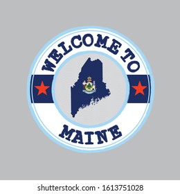 Vector stamp of welcome to Maine with map outline of the state in center. The state of America.
