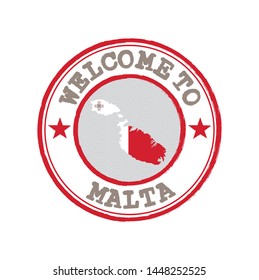 Vector Stamp of welcome to Malta with nation flag on map outline in the center. Grunge Rubber Texture Stamp of welcome to Malta.