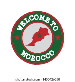 Vector Stamp of welcome to Morocco with nation flag on map outline in the center. Grunge Rubber Texture Stamp of welcome to Morocco.