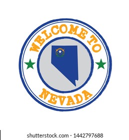 Vector Stamp of welcome to Nevada  with states flag on map outline in the center. Grunge Rubber Texture Stamp of welcome to Nevada.