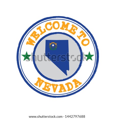 Vector Stamp of welcome to Nevada  with states flag on map outline in the center. Grunge Rubber Texture Stamp of welcome to Nevada.