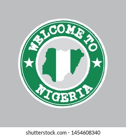 Vector Stamp Of Welcome To Nigeria With Nation Flag On Map Outline In The Center. Grunge Rubber Texture Stamp Of Welcome To Nigeria.