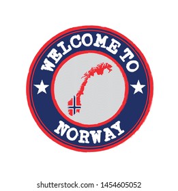 Vector Stamp of welcome to Norway with nation flag on map outline in the center. Grunge Rubber Texture Stamp of welcome to Norway.