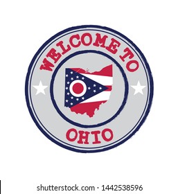 Vector Stamp of welcome to Ohio with states flag on map outline in the center. Grunge Rubber Texture Stamp of welcome to Ohio.