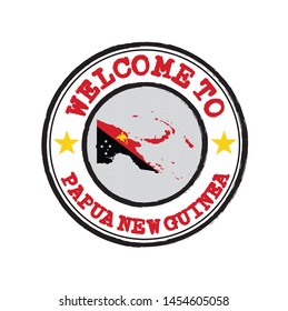Vector Stamp of welcome to Papua New Guinea with nation flag on map outline in the center. Grunge Rubber Texture Stamp of welcome to Papua New Guinea.